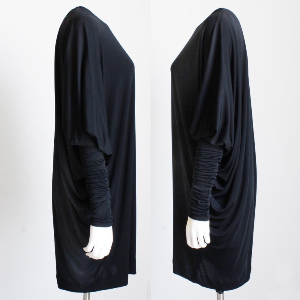 Norma Kamali OMO Dress Black Dolman Scrunchy Batwing Sleeve Vintage 80s Size M - Picture 13 of 15